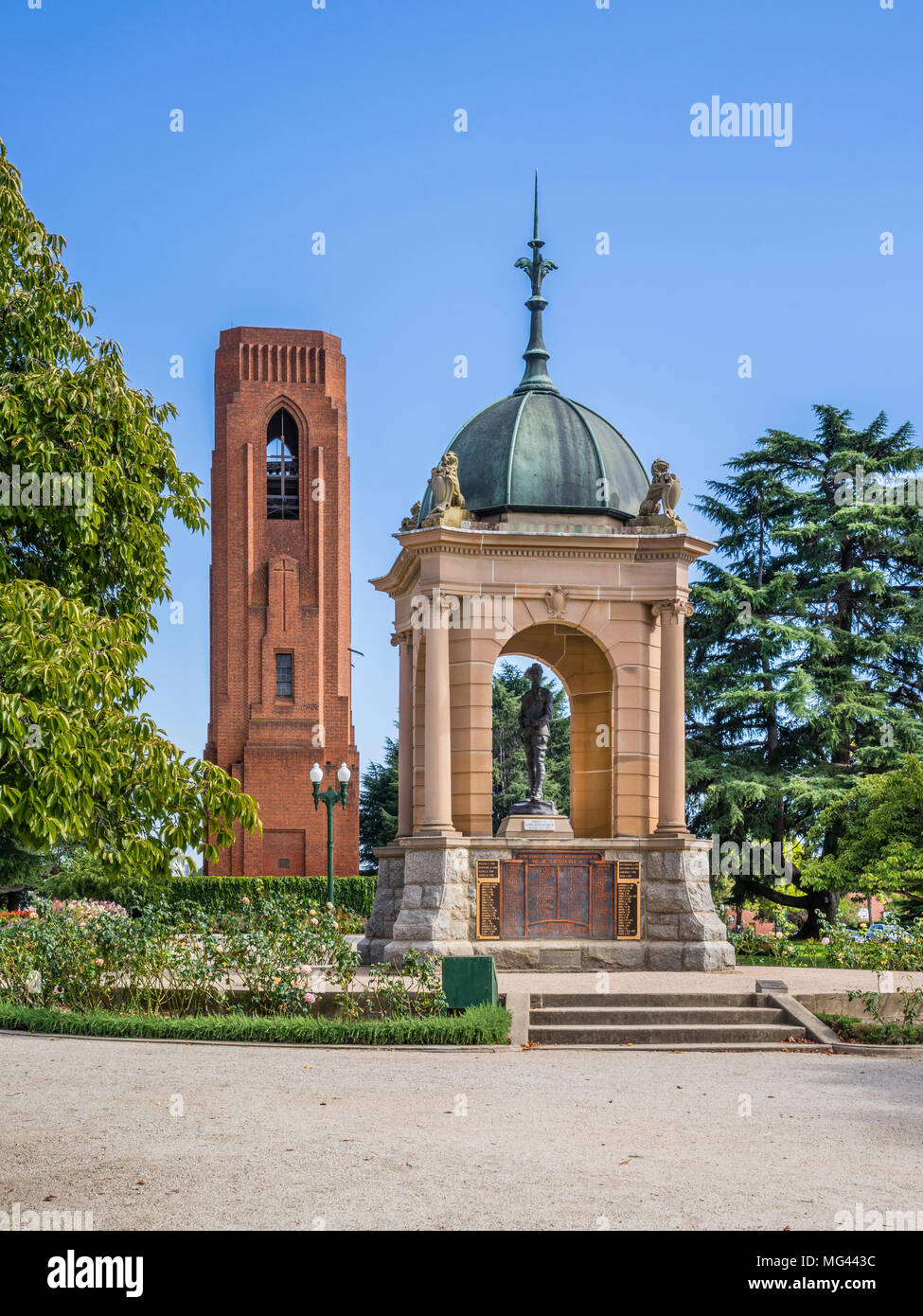 view of the Boer War Memorial and the 35-bell Carillon also dedicated as a war memorial on Kings Parade, Bathurst, Central Tablelands, New South Wales Stock Photo