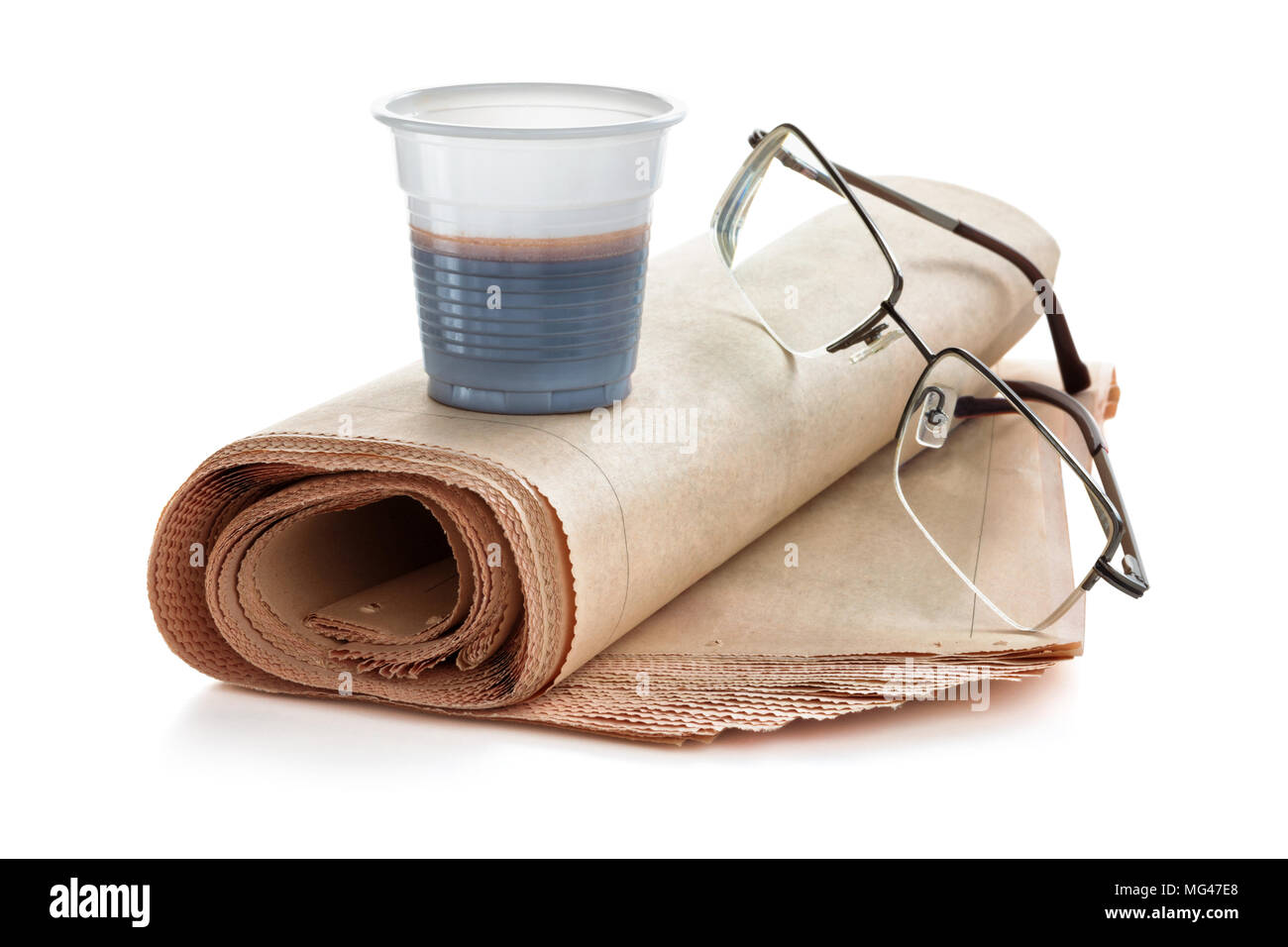 Coffee and newspapers isolated on white background. Stock Photo