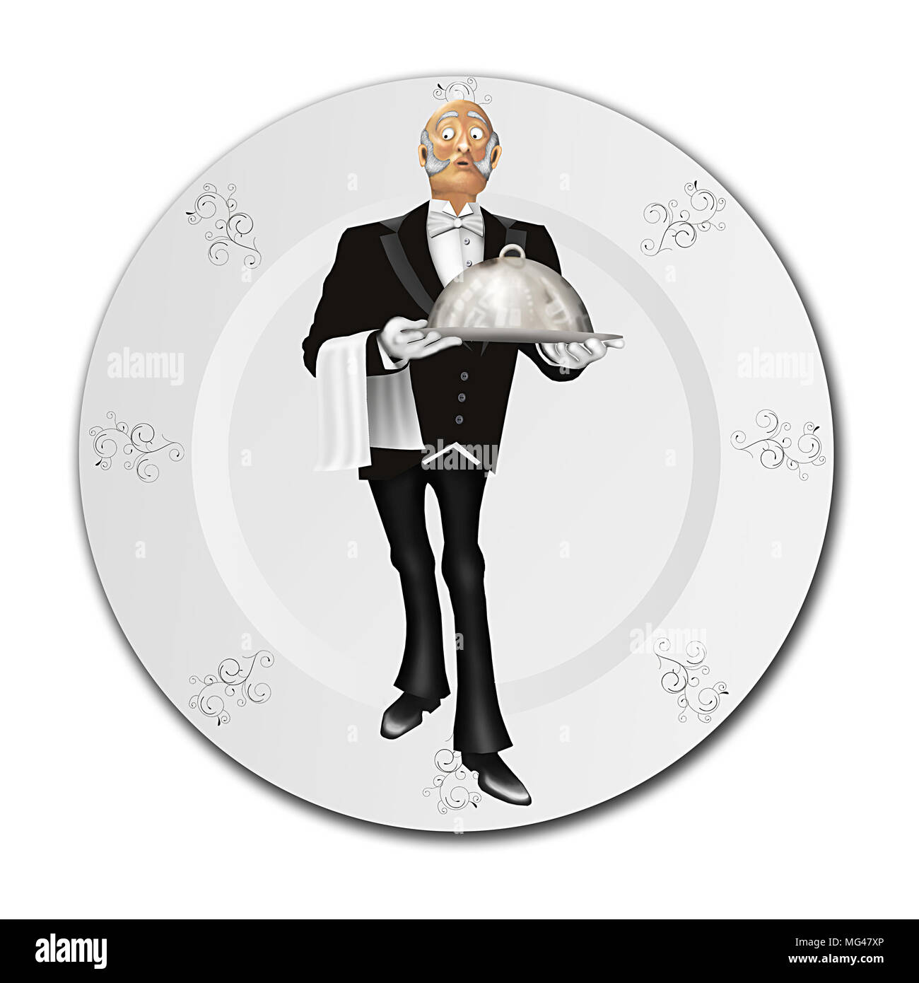 Butler serving dinner on a platter Stock Photo