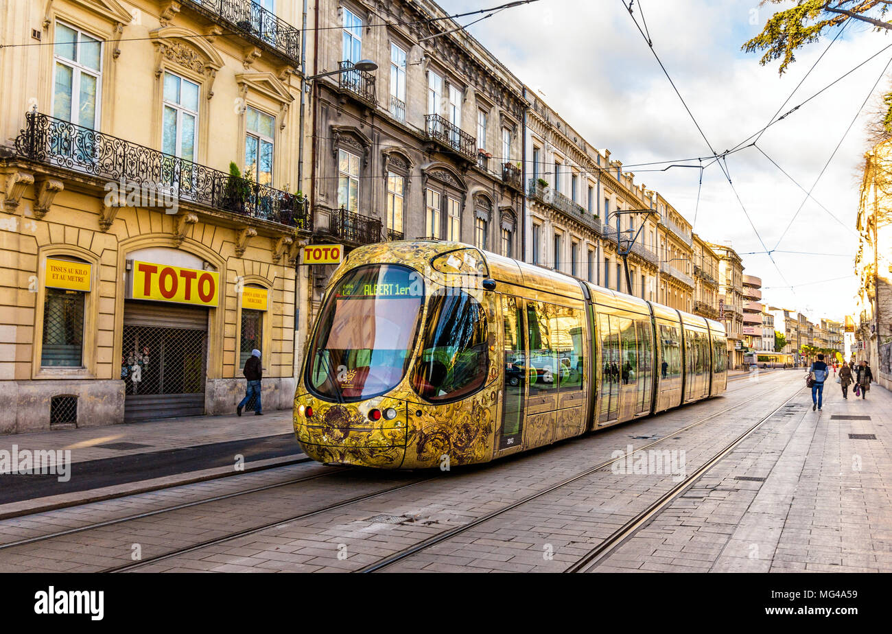 MONTPELLIER, FRANCE - JANUARY 05: Alstom Citadis 302 tram on Jan Stock Photo