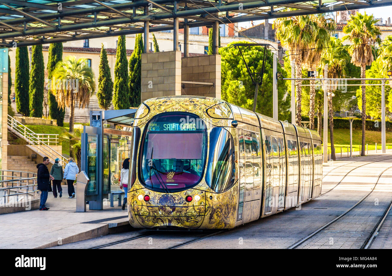 MONTPELLIER, FRANCE - JANUARY 05: Alstom Citadis 302 tram on Jan Stock Photo