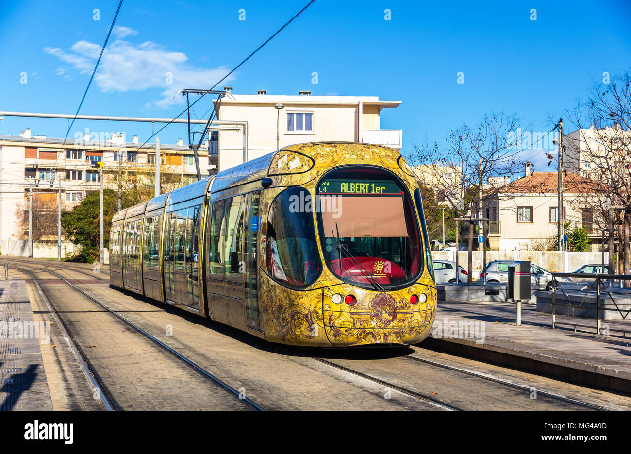 MONTPELLIER, FRANCE - JANUARY 05: Alstom Citadis 302 tram on Jan Stock Photo