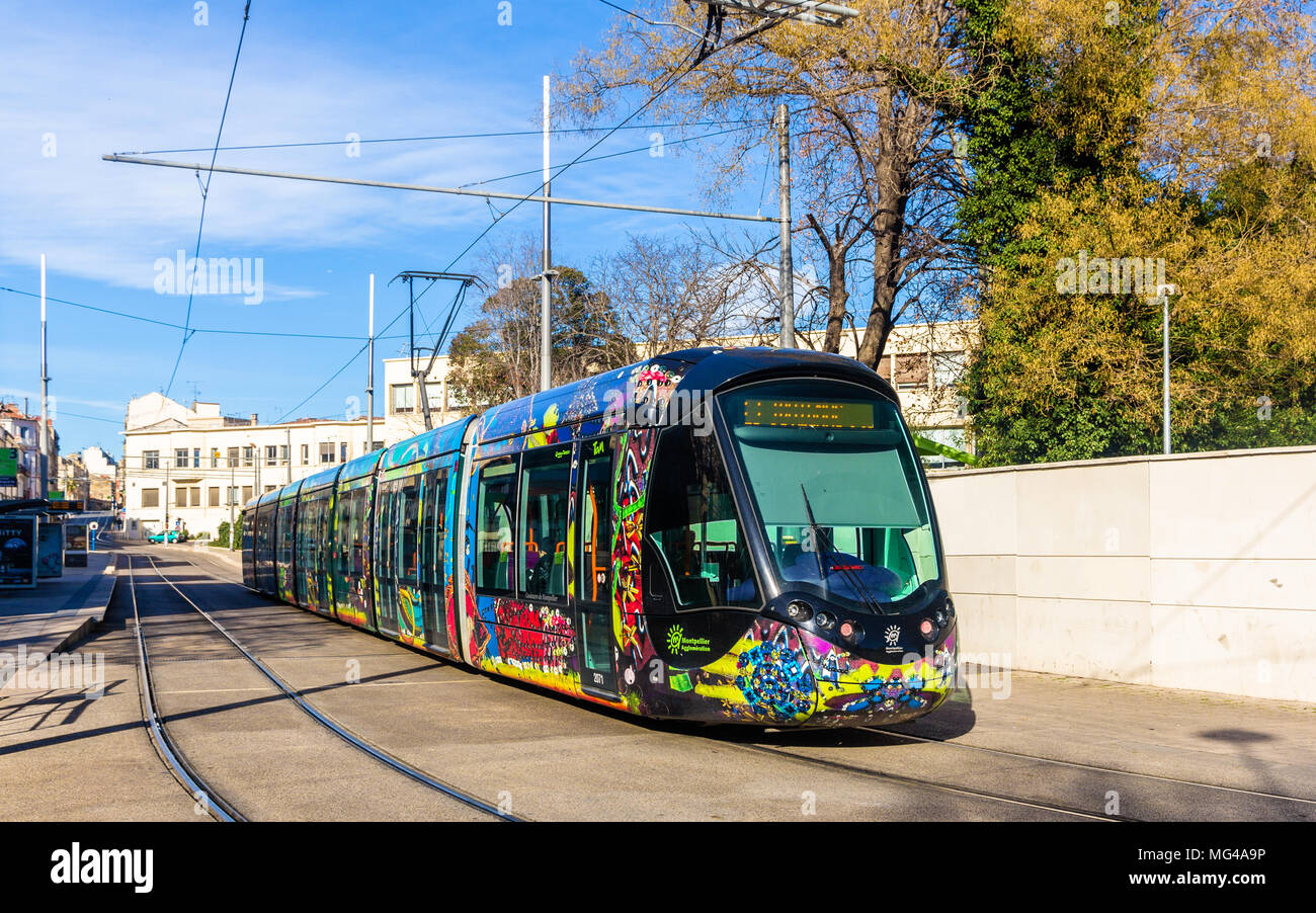 MONTPELLIER, FRANCE - JANUARY 05: Alstom Citadis 402 tram on Jan Stock Photo
