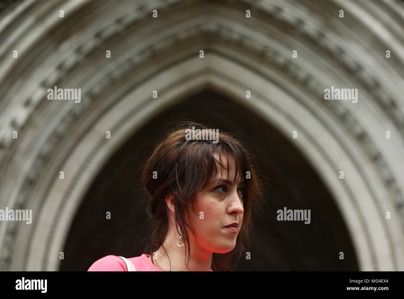 Alina Dulgheriu, 34, a representative for campaign group Be Here For Me, speaking to media outside the Royal Courts of Justice in London, after filing a High Court challenge against Ealing council over a ban on protesting outside a Marie Stopes clinic. Stock Photo
