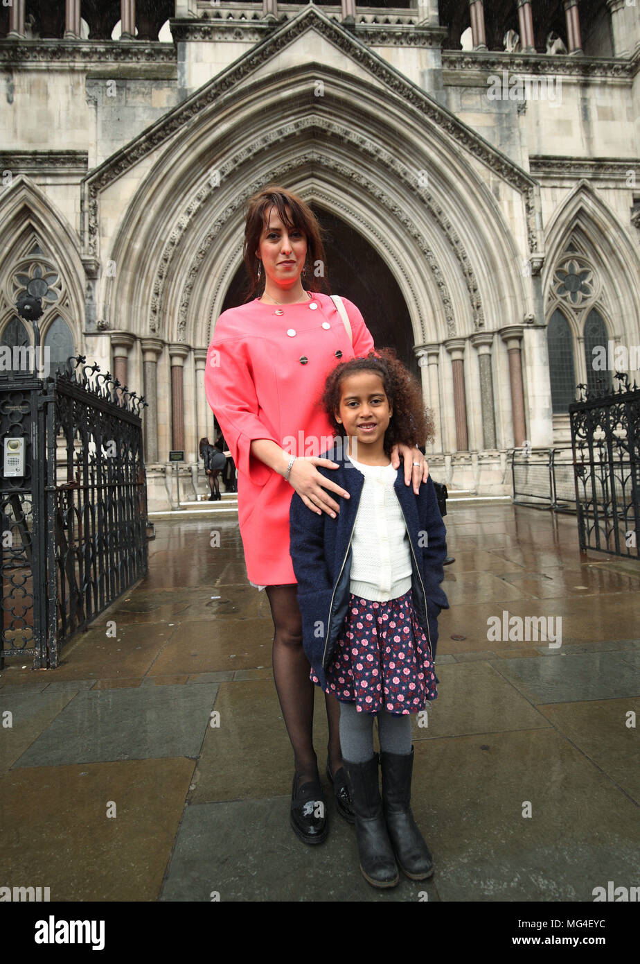Alina Dulgheriu, 34, a representative for campaign group Be Here For Me, with her six-year-old daughter Sarah, outside the Royal Courts of Justice in London, after filing a High Court challenge against Ealing council over a ban on protesting outside a Marie Stopes clinic. Stock Photo