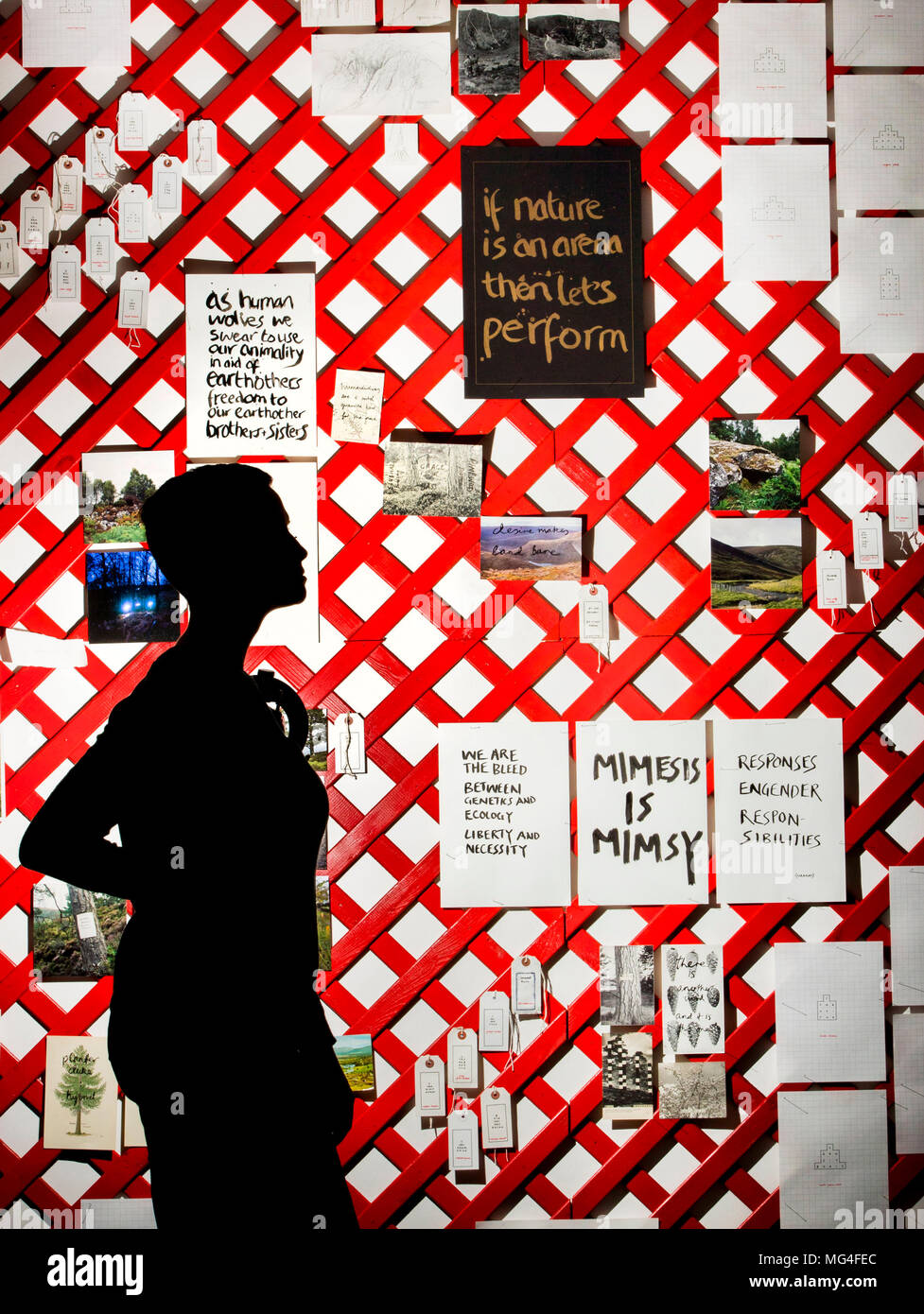 Yorkshire Sculpture Park (YSP) employee Kerry Chase is silhouetted against a latticework wall of photos and words at the YSP unveiling of their new Common Ground exhibition at the YSP in West Bretton, West Yorkshire. Stock Photo