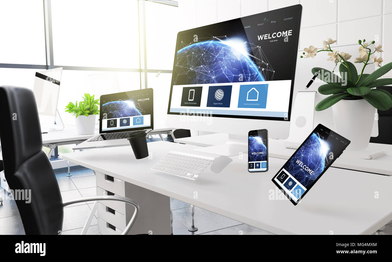 3d rendering mockup of computers, mobile devices and assorted office
