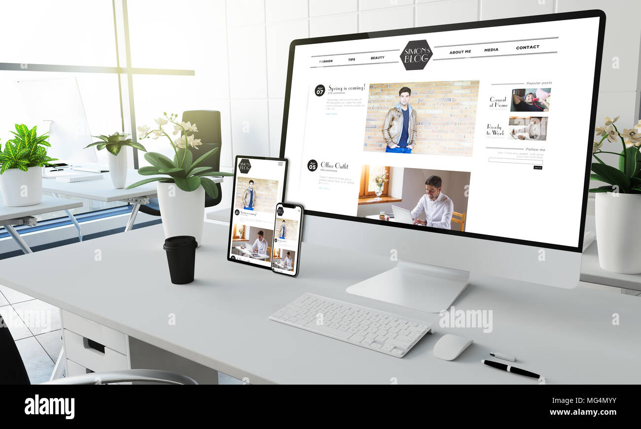 blog screen devices mockup at coworking office 3d rendering Stock Photo ...