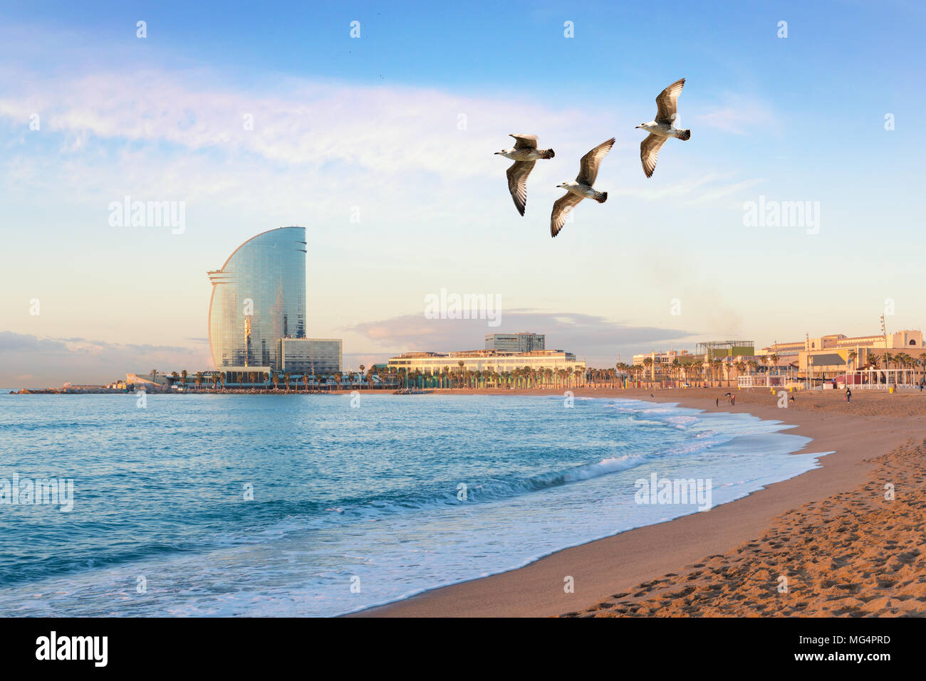 Barceloneta Beach in Barcelona with colorful sky at sunrise. Seafront, beach,coast in Spain. Suburb of Barcelona, Catalonia Stock Photo