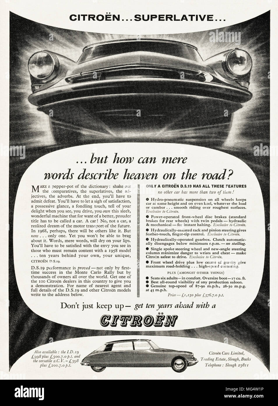 1950s original vintage advertisement advertising new Citroen DS19 French car in English magazine circa 1958 Stock Photo
