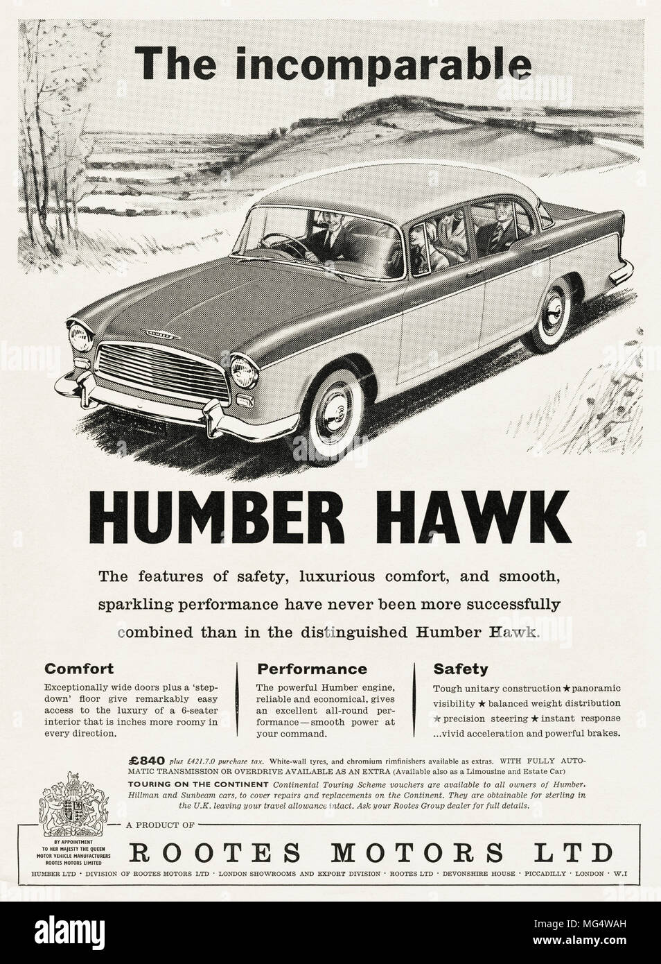 1950s original vintage advertisement advertising new Humber Hawk family saloon car by Rootes Motors Ltd by Royal Appointment in English magazine circa 1958 Stock Photo