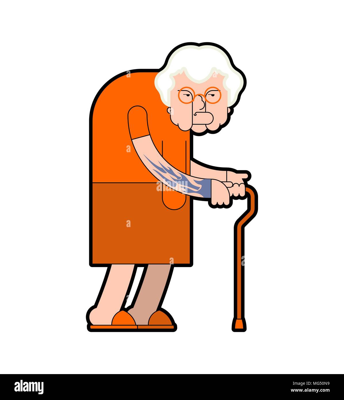 Grandmother prisoner crime. Grandma Gangster in orange robes. Old lady with tattoo. Vector illustration Stock Vector