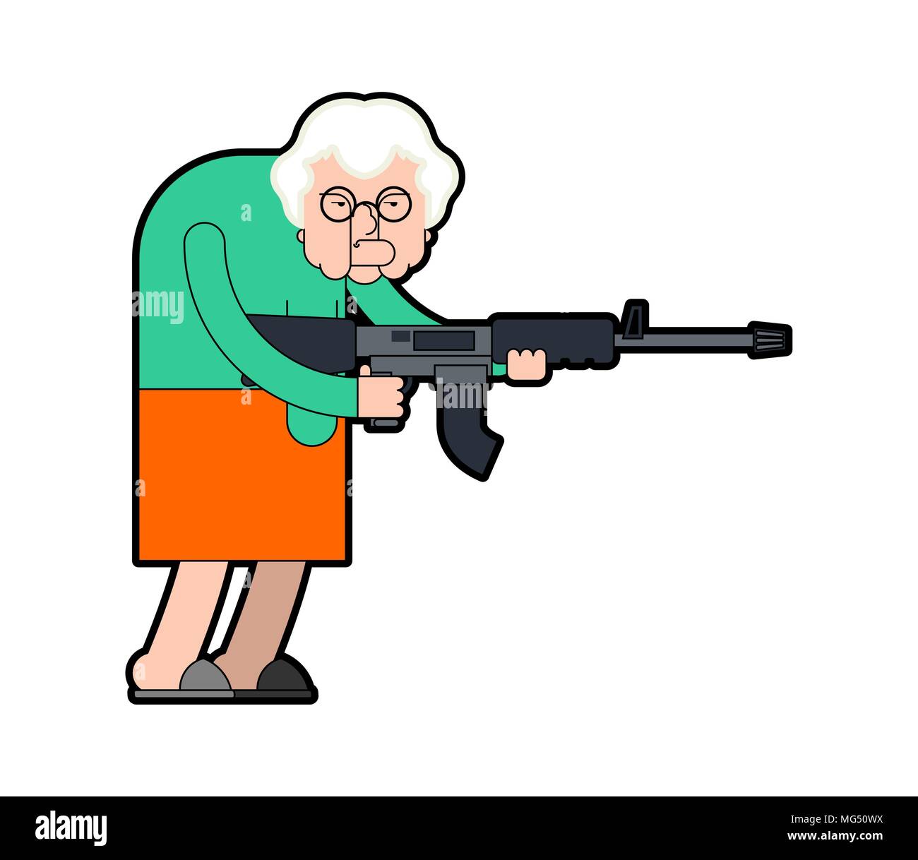 Grandmother and gun. Evil Grandma Gangster with weapon. Angry crime Old lady with machine gun. Vector illustration Stock Vector