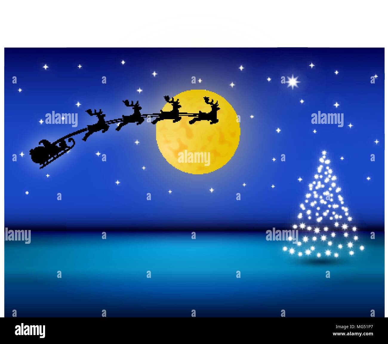 Babbo Natale sulla slitta che sta volando tra le stelle nel paesaggio invernale Stock Vector