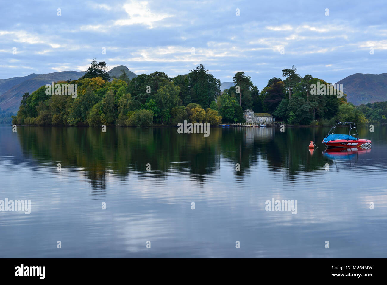 Derwent Isle near Keswick on Derwent Water in the Lake District National Park in Cumbria, England Stock Photo