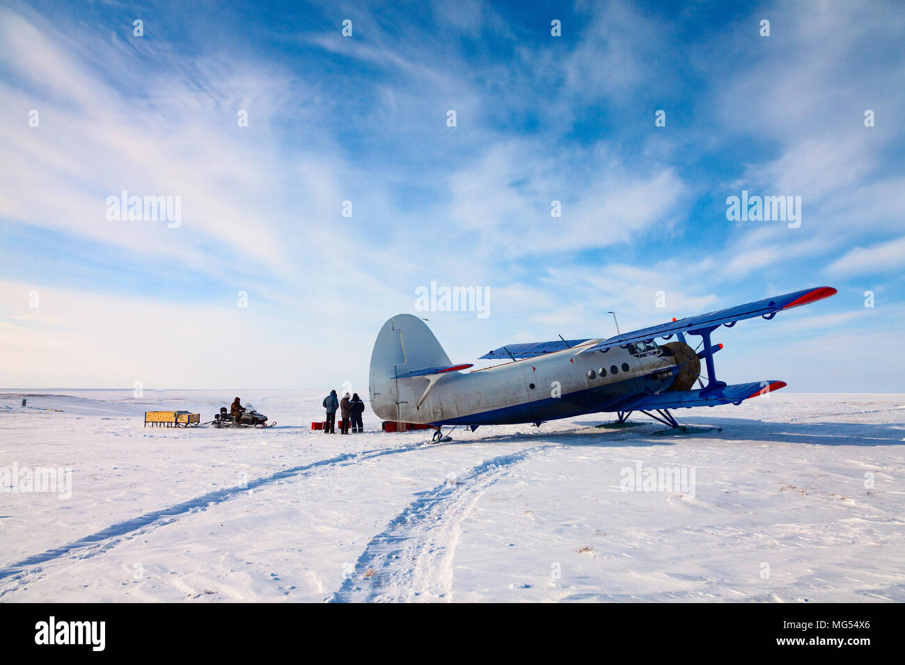 Airplane in winter tundra Stock Photo
