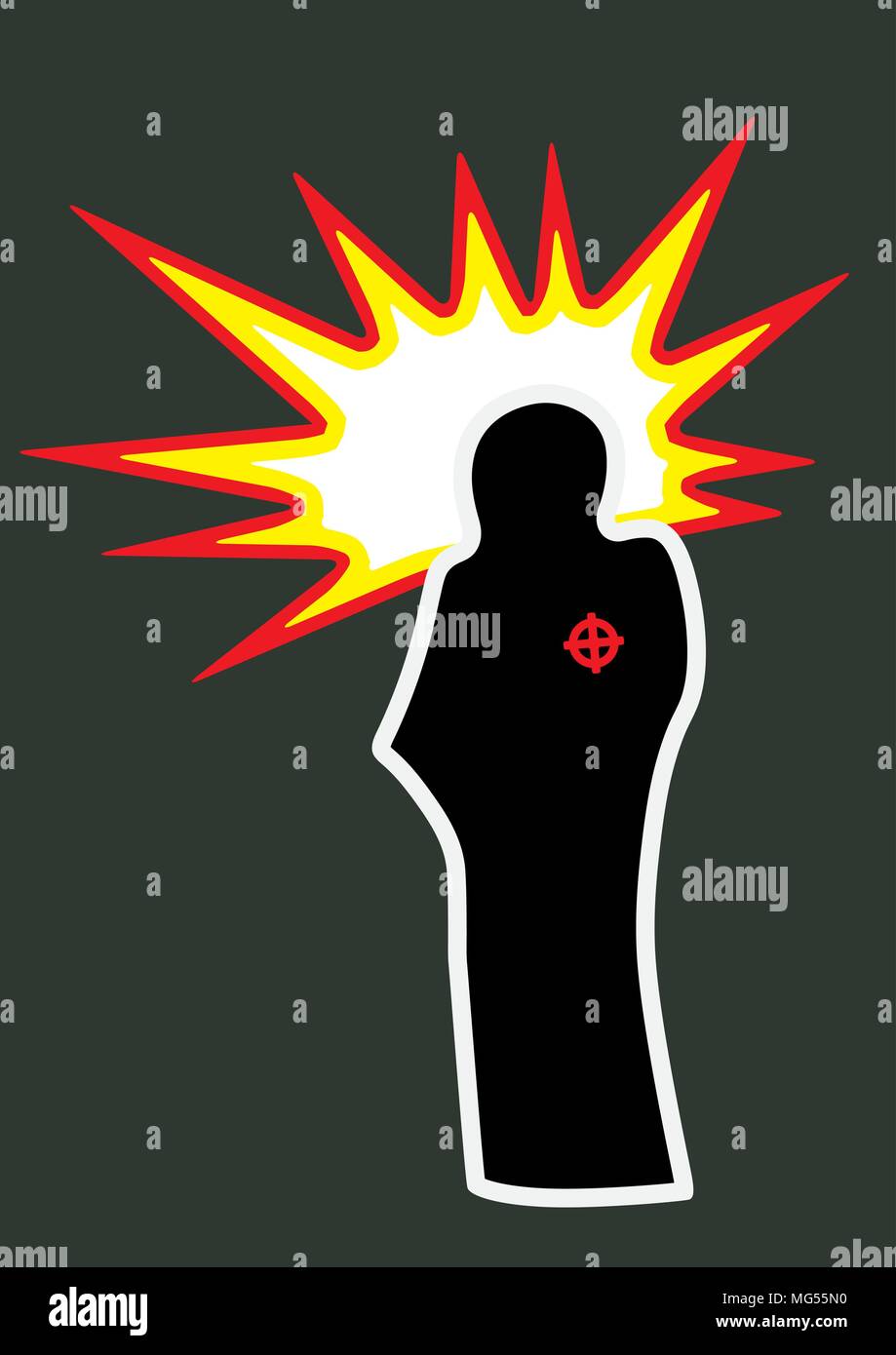 Ilustration of a black terrorist silhouette, wearing a burka or a jihab, with a strong explosion effect on a dark green background Stock Vector