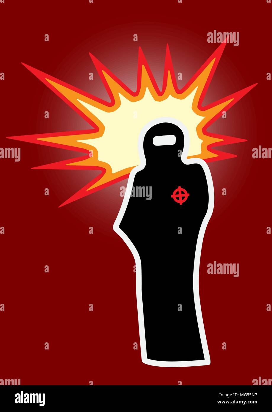 Ilustration of a black terrorist silhouette, wearing a burka or a jihab, with a strong explosion effect on a red background Stock Vector