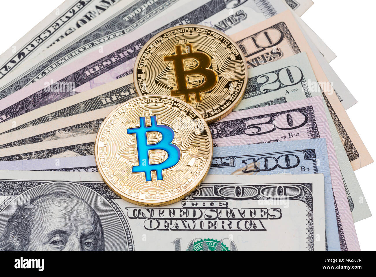 Dollar banknotes with cryptocurrency blue and yellow bitcoins on white  background. High resolution photo Stock Photo - Alamy