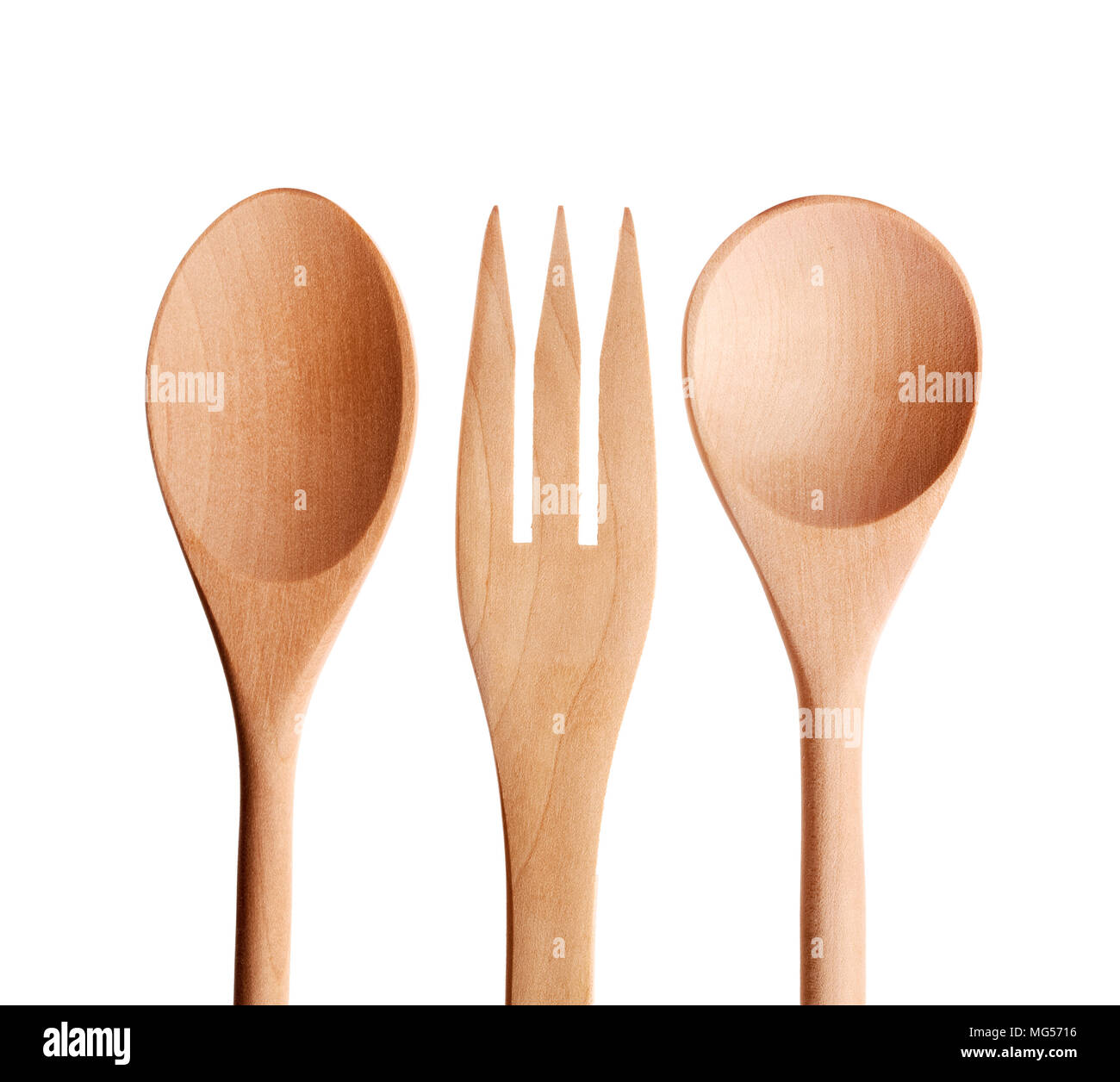 Wooden fork and spoons. Closeup, isolatedon white. High resolution