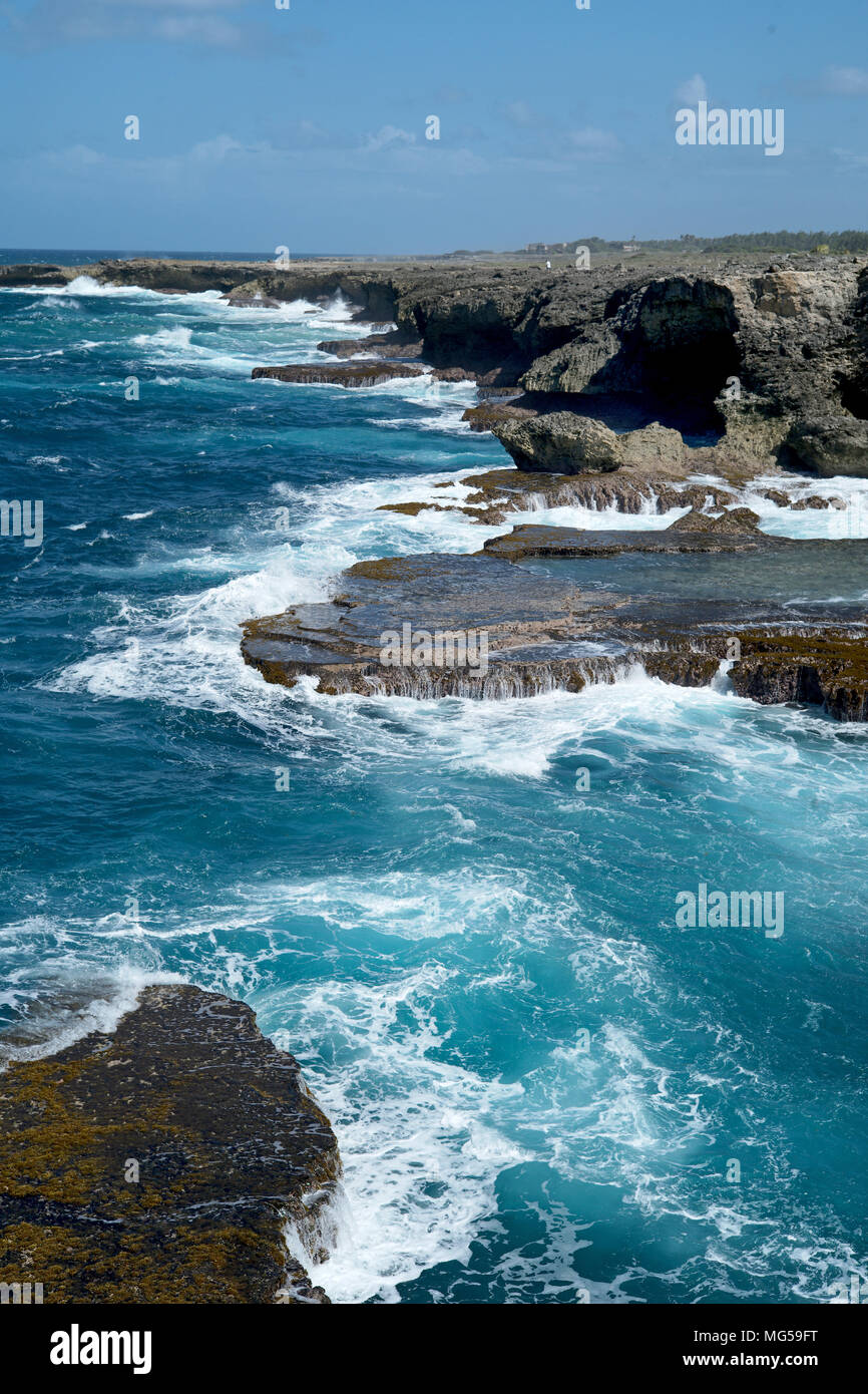 View from North Point, where the Caribbean meets the Atlantic Ocean, in the Parish of St Lucy, Barbados. Stock Photo