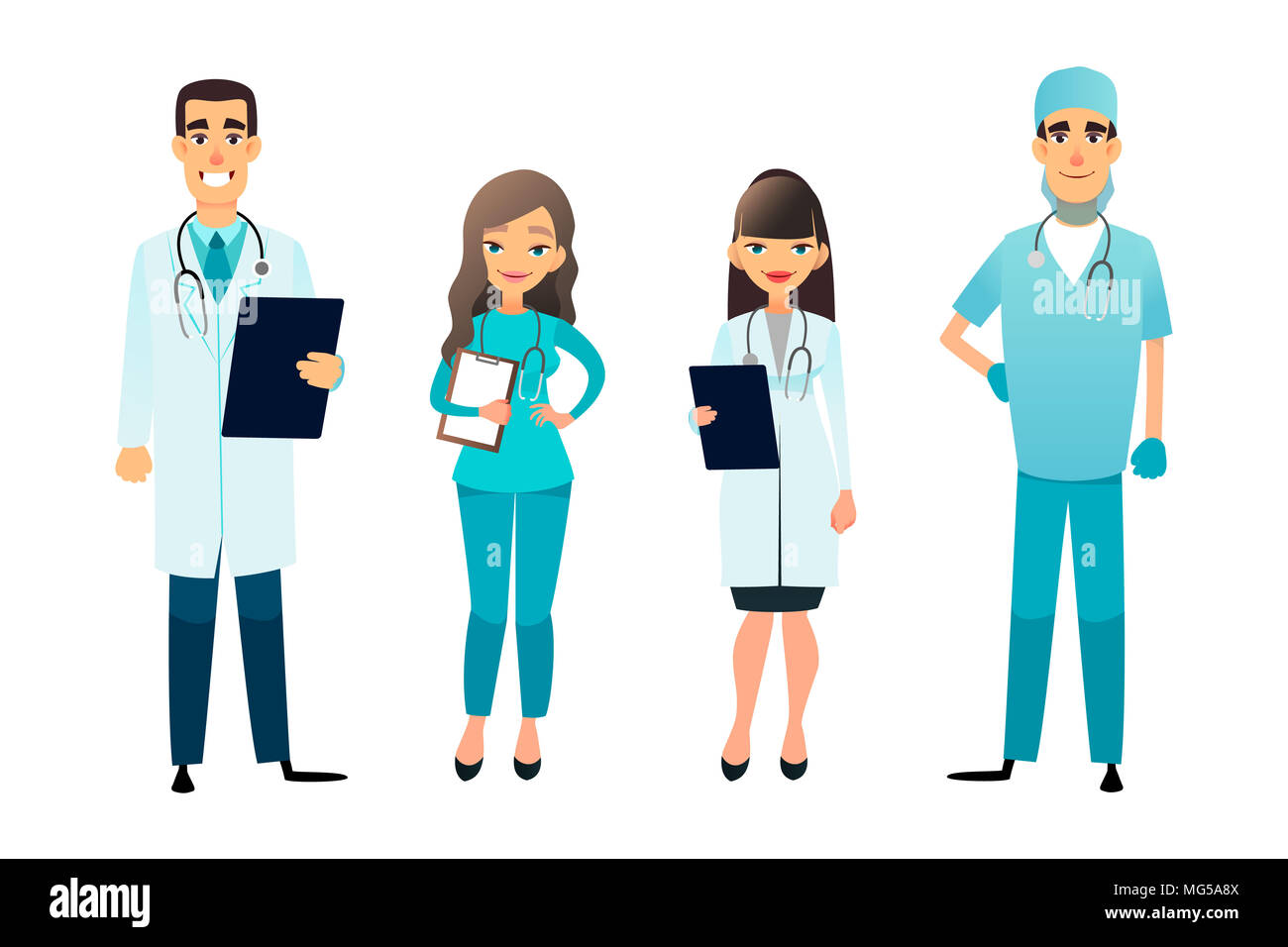 Doctors and nurses team. Cartoon medical staff. Medical team concept. Surgeon, nurse and therapist on hospital. Professional health workers. Stock Photo