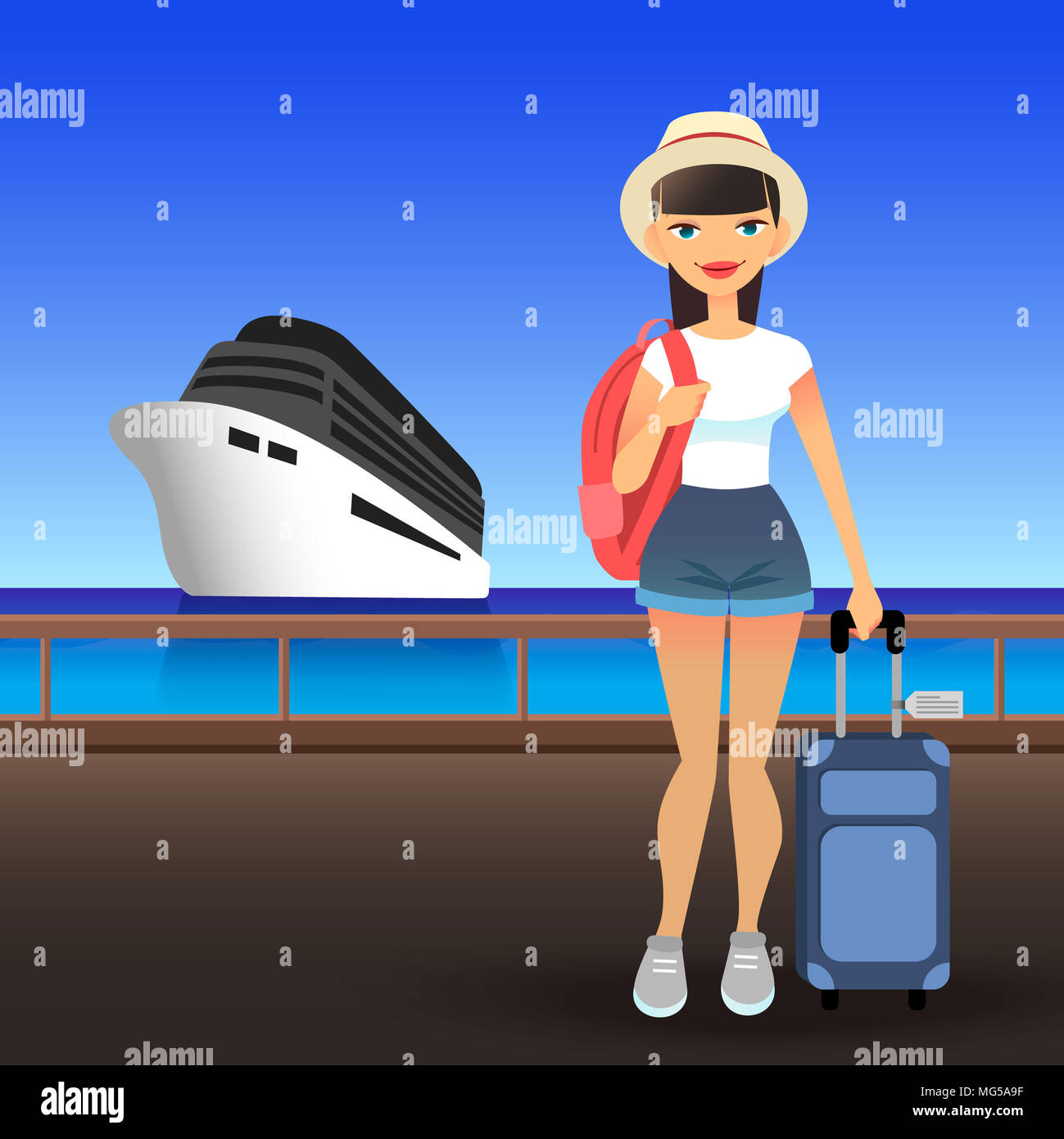 Young woman wearing casual clothes at port. Cartoon flat girl goes on cruise on ship. Traveler lady in the hat is standing on the pier with a suitcase and a backpack. Stock Photo
