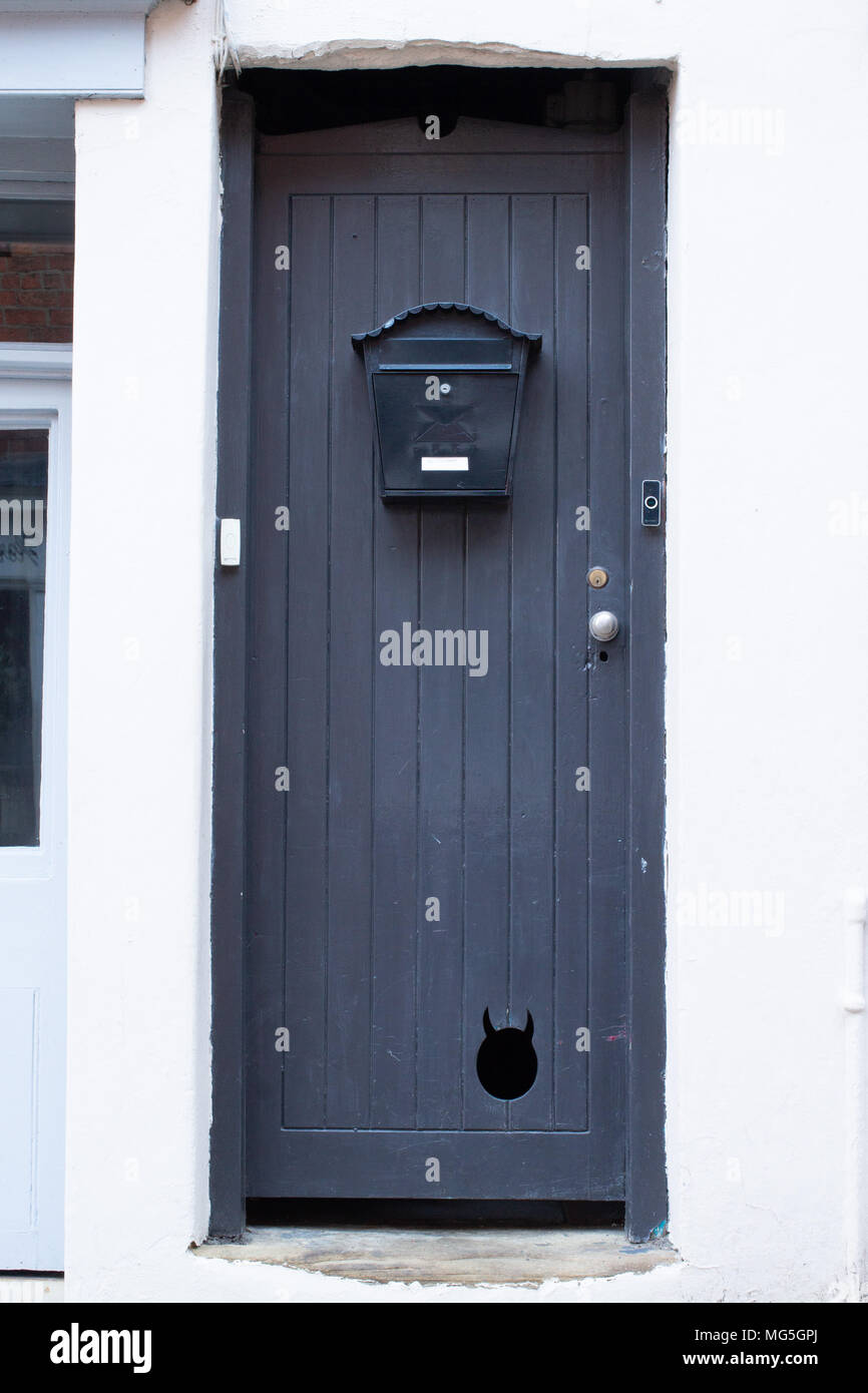 An unusual cat flap in a door to a property on Steep hill, Lincoln, UK. Many tourists passing this door without realising what it is. Stock Photo