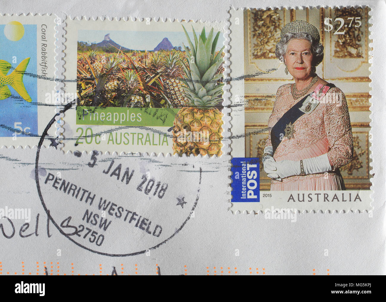 Queen Elizabeth II on Australian stamps, for international post Stock