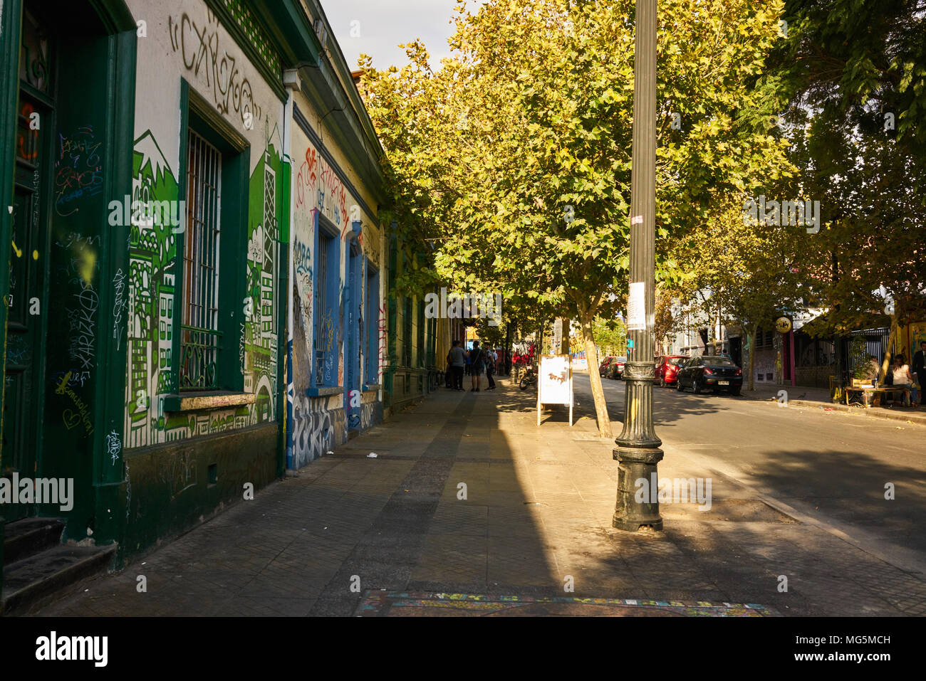 Sunny street in Valparaiso, Chile. Morning sunlight shines on the