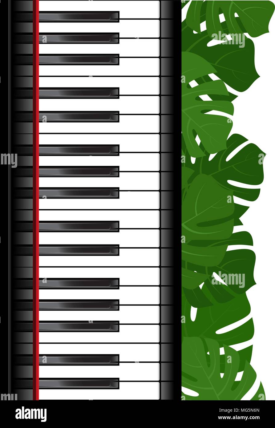 Piano keyboard with monstera leaves frame Stock Vector