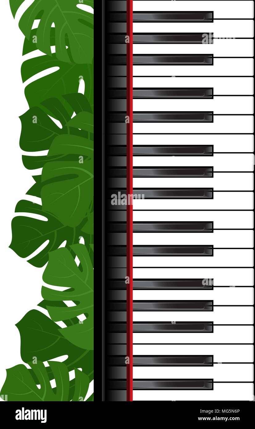 Piano keyboard with monstera leaves frame Stock Vector