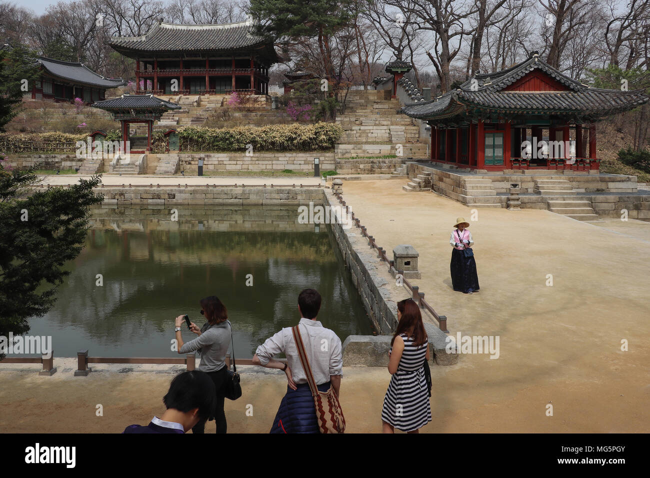 Looking across the Buyongji Pond to the Juhamnu Pavilion on the hill, and the Yeongyeongdang Hall at right in the Huwon at Changdeokgung Palace, Seoul Stock Photo