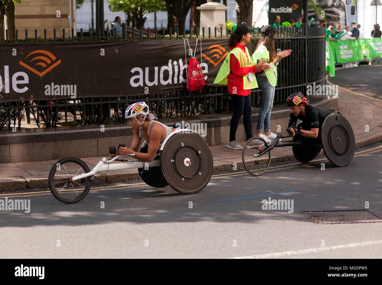 Madison de Rozario  leading the Women's Elite Wheelchair Race in the 2018 London Marathon. She went on to win the race in a  time of 01:42:58 Stock Photo