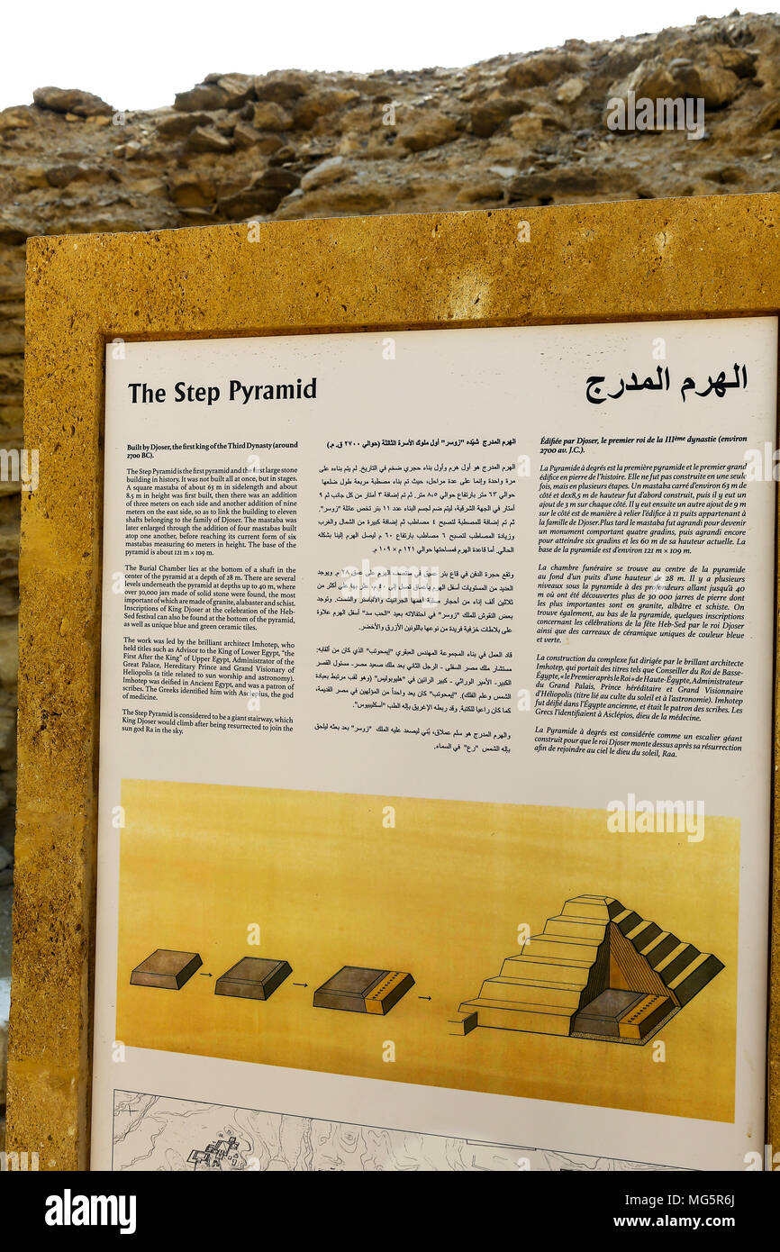 A sign or notice board for The Pyramid of Djoser, or step pyramid, the oldest pyramid in the world, at the Saqqara necropolis, Saqqara, Egypt, Africa Stock Photo