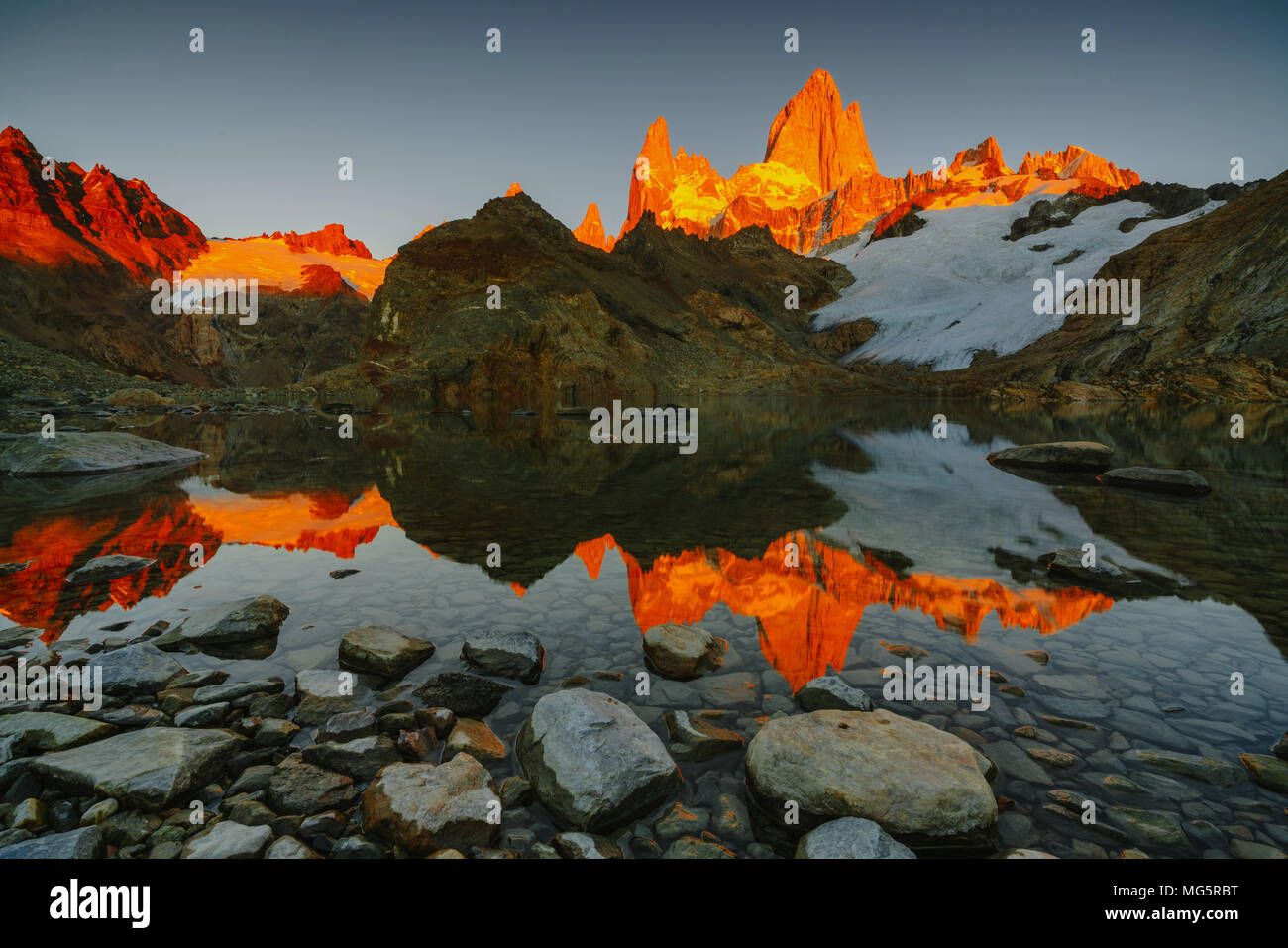 View of Mount Fitz Roy and the lake in the National Park Los Glaciares ...