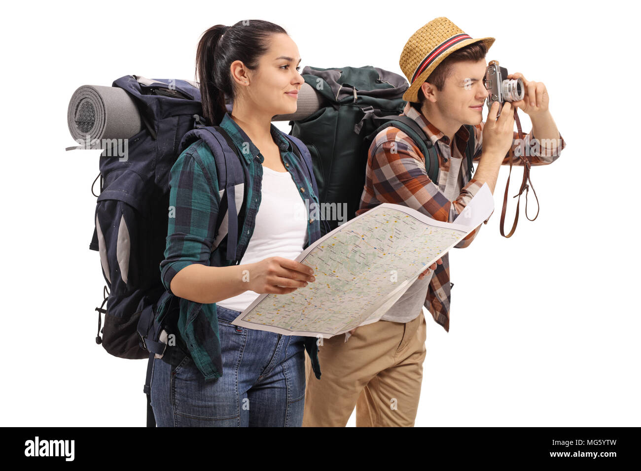 Teenage tourists with a map and a camera isolated on white background Stock Photo