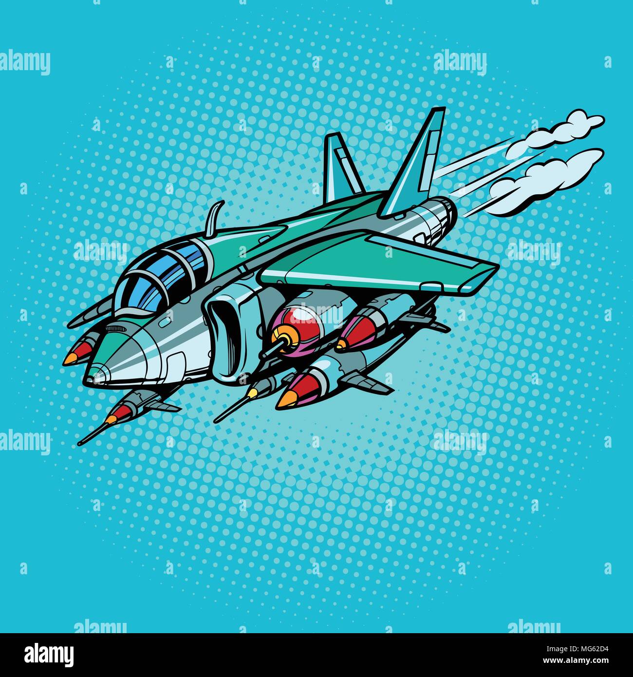 military assault aircraft with bombs and missiles. Comic cartoon pop art retro illustration vector kitsch drawing Stock Vector