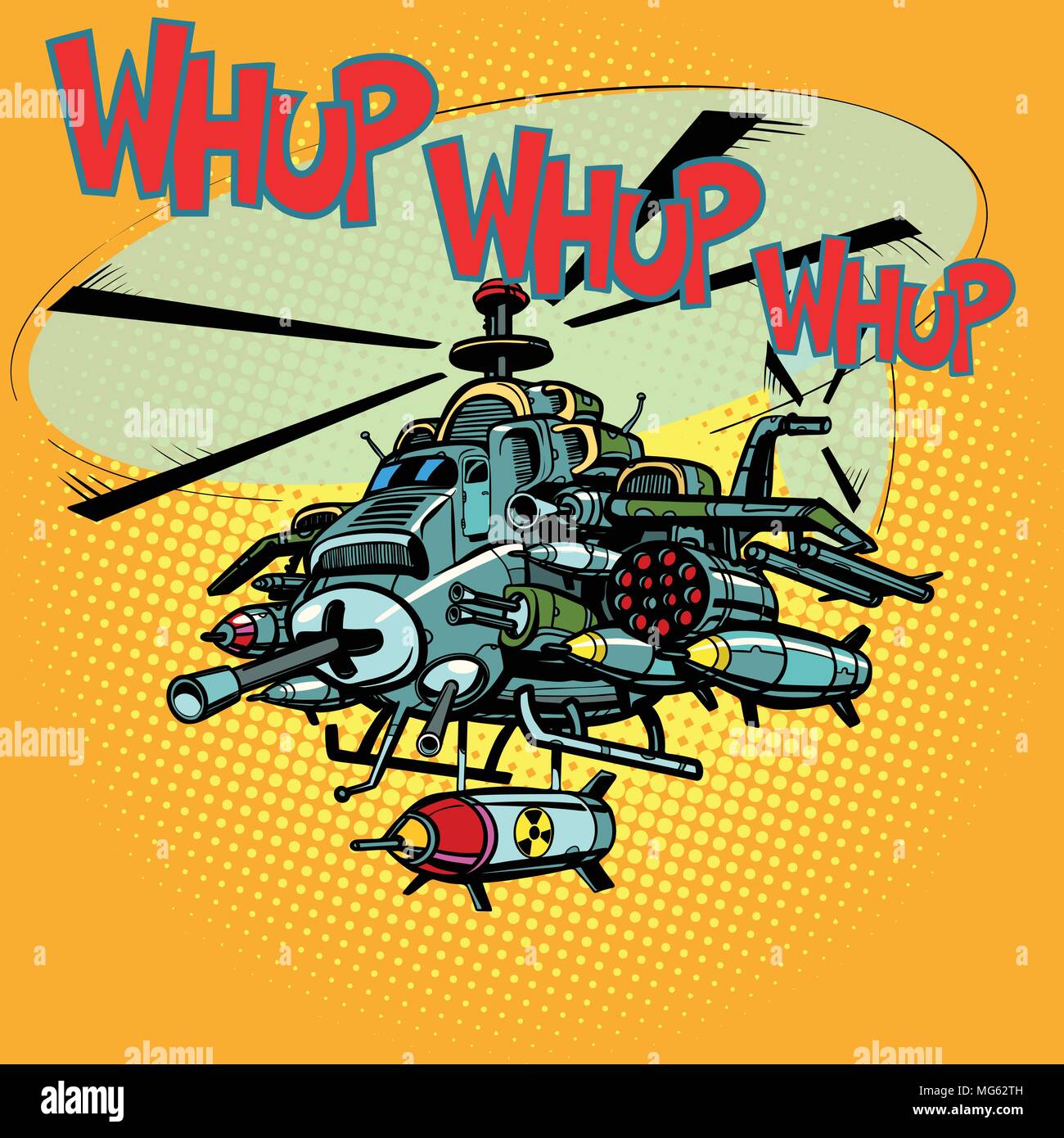 assault military helicopter with missiles. Comic cartoon pop art retro illustration vector kitsch drawing Stock Vector