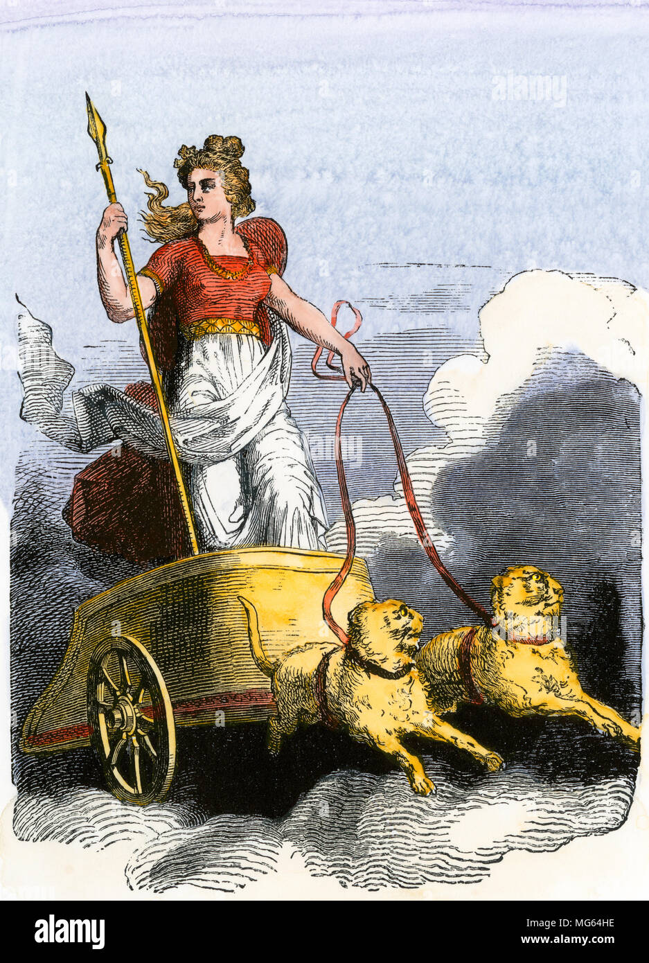 Norse deity Frigga, wife of Odin, driving a chariot. Hand-colored woodcut Stock Photo