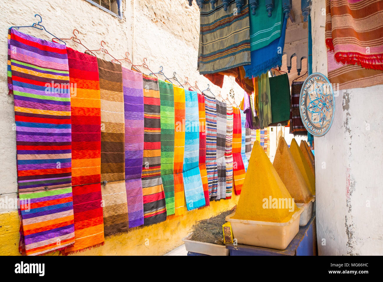 Fabrics and spices for sale in the medina, Essaouira, Morocco Stock Photo Alamy