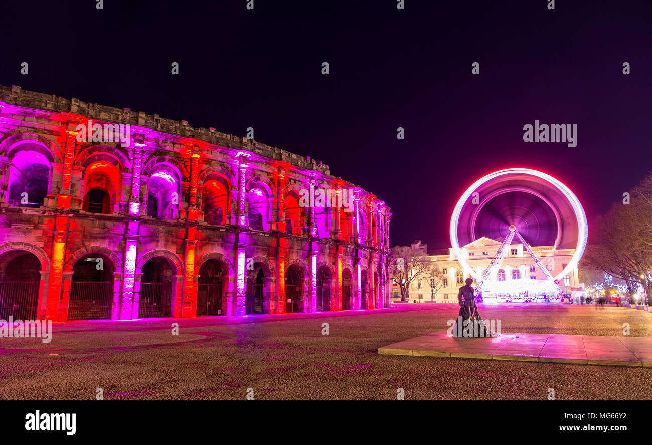 Roman amphitheatre, Arena of Nimes, in the evening France Stock Photo