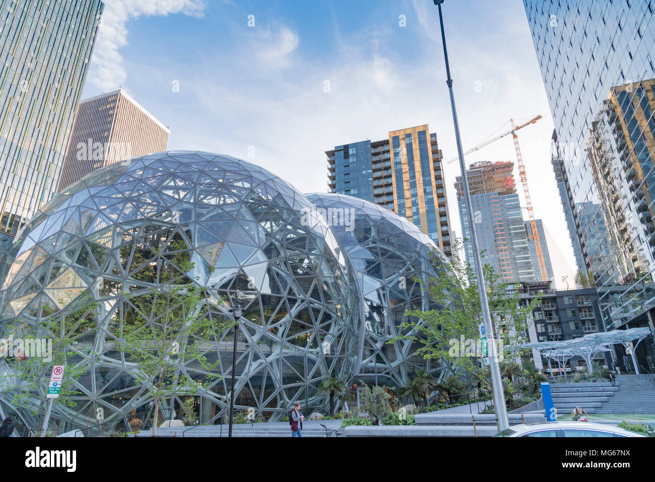 The Amazon Company world headquarters Spheres terrarium green houses  located in downtown Seattle on a spring afternoon Circa April 2018 condos  Stock Photo - Alamy