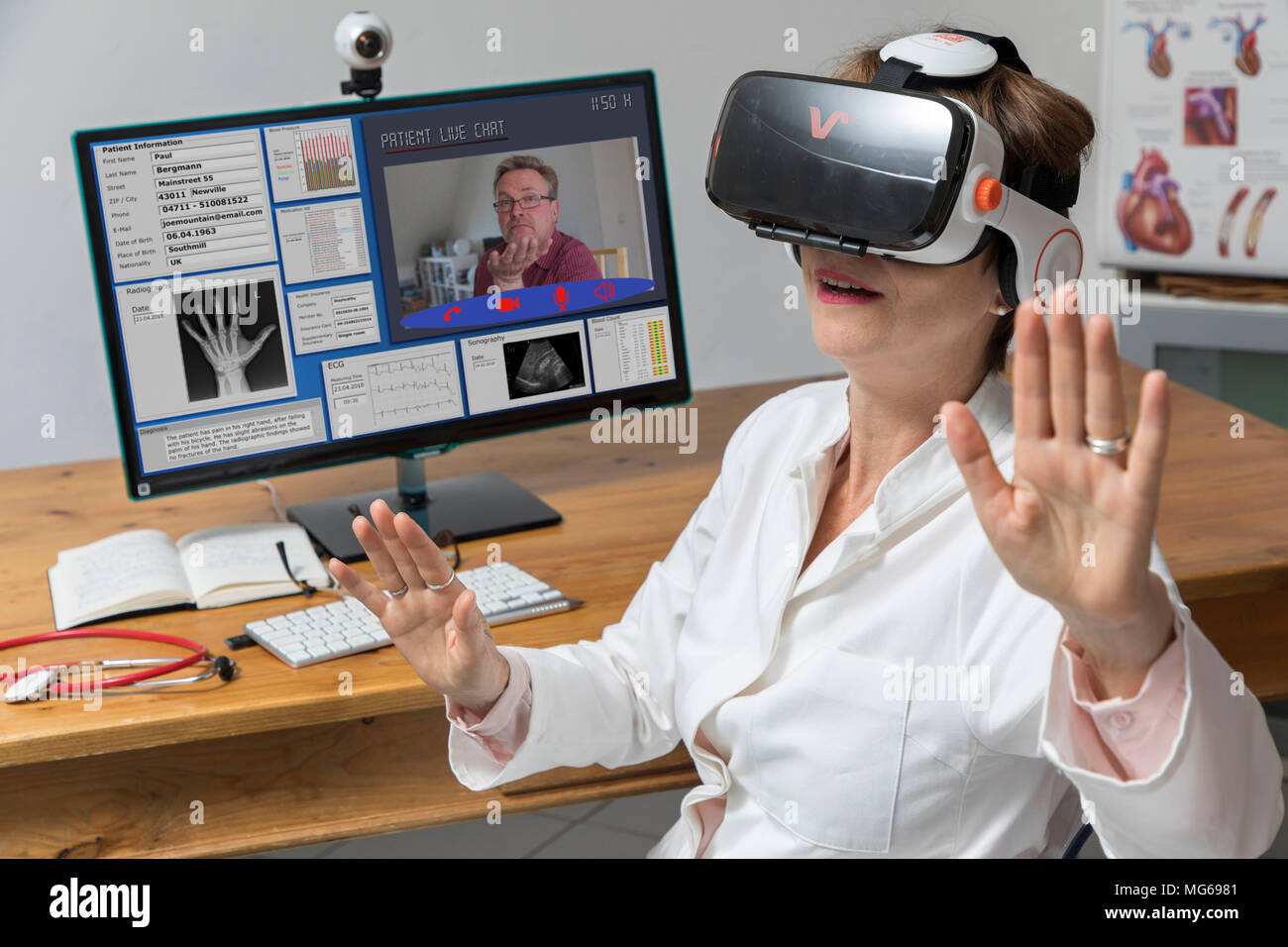 Symbolic photo of telemedicine, a female doctor in a doctor's office