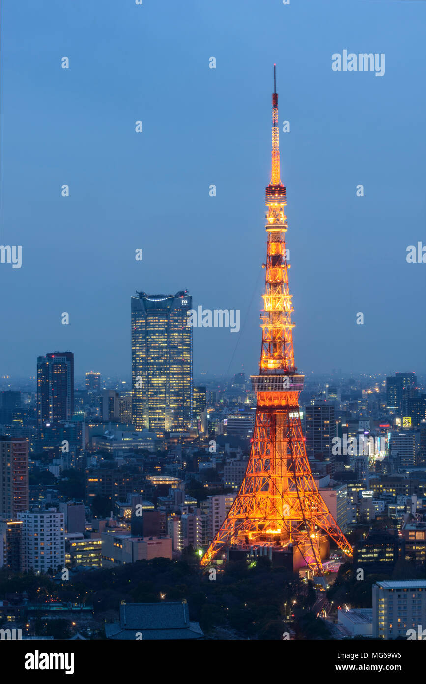 Tokyo Tower, the second tallest structure in Japan, illuminated at