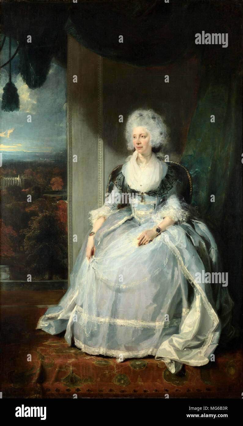 Charlotte of Mecklenburg-Strelitz (1744 – 1818) was by marriage to King George III the Queen of Great Britain and Ireland from her wedding in 1761 until the union of the two kingdoms in 1801, after which she was Queen of the United Kingdom of Great Britain and Ireland until her death in 1818. Stock Photo