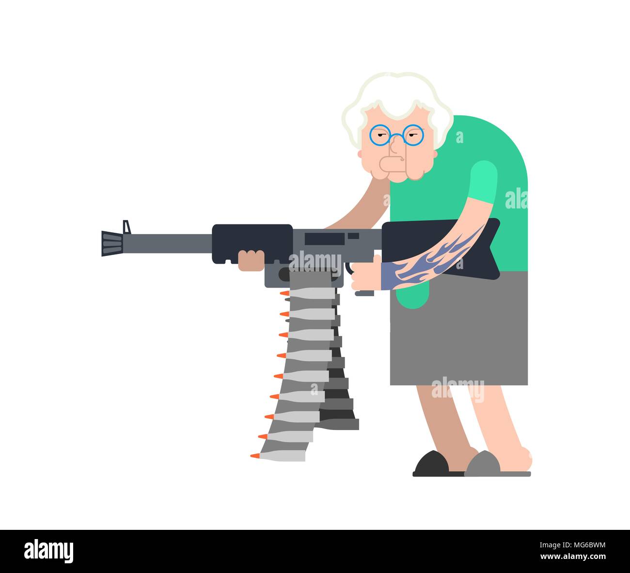 Grandmother and gun. Evil Grandma Gangster with weapon. Angry crime Old lady with machine gun. Vector illustration Stock Vector