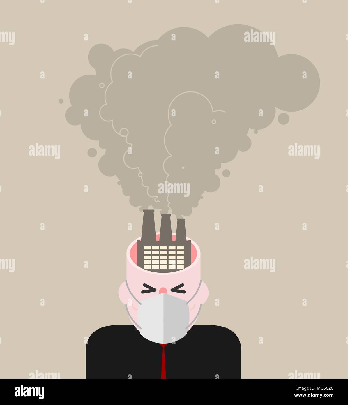 Open head Smoke plants. Man in mask from dust. Guy in respirator