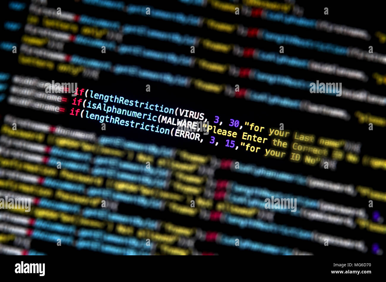 Desktop source code and abstract technology background, Developer and programming with coding, Computer virus and Malware attack. Stock Photo