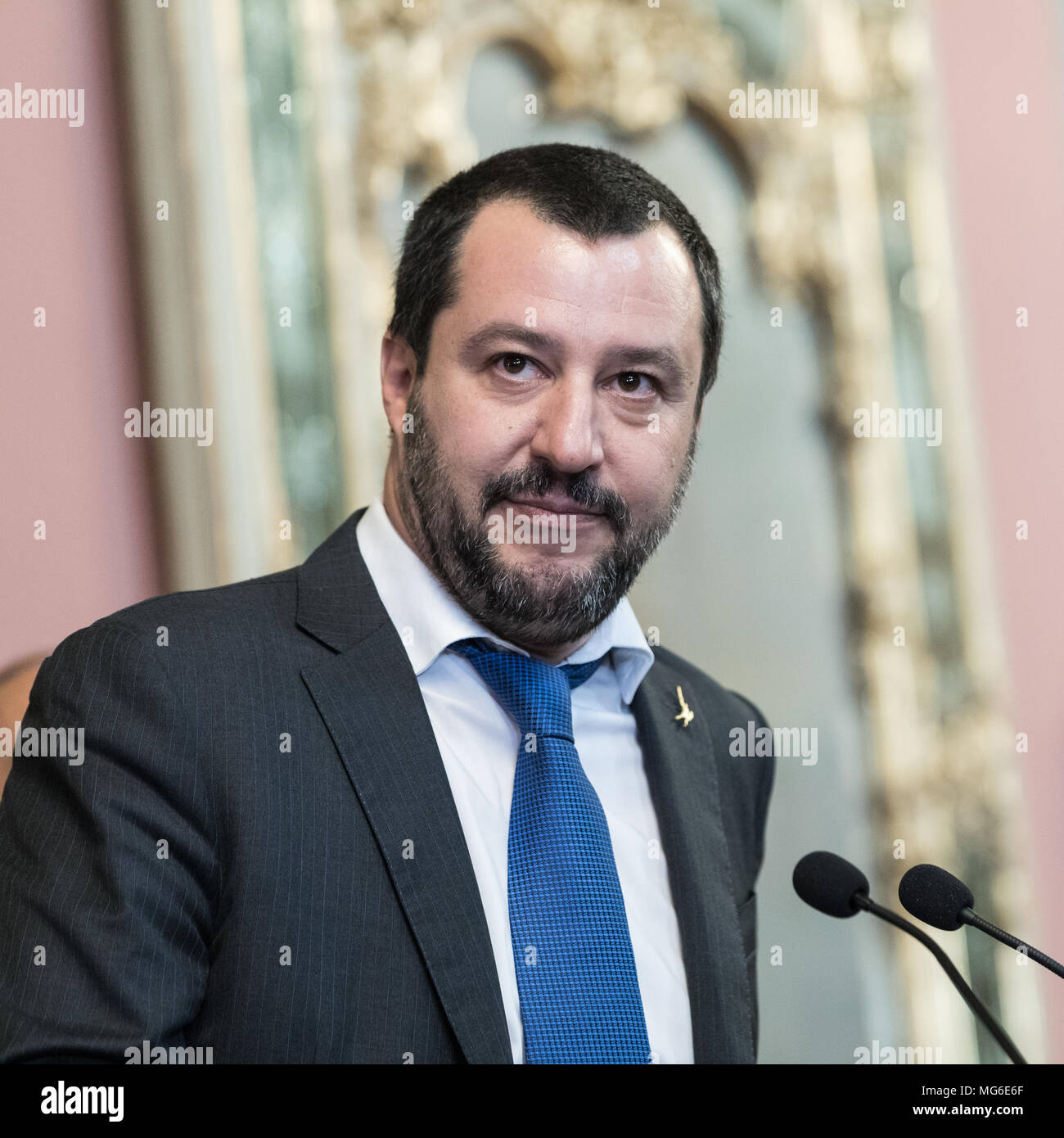 Matteo Salvini, leader of Lega Party, after the press conference in the Senate of the Italian Republic. Rome, Italy, 15th April 2018. Stock Photo